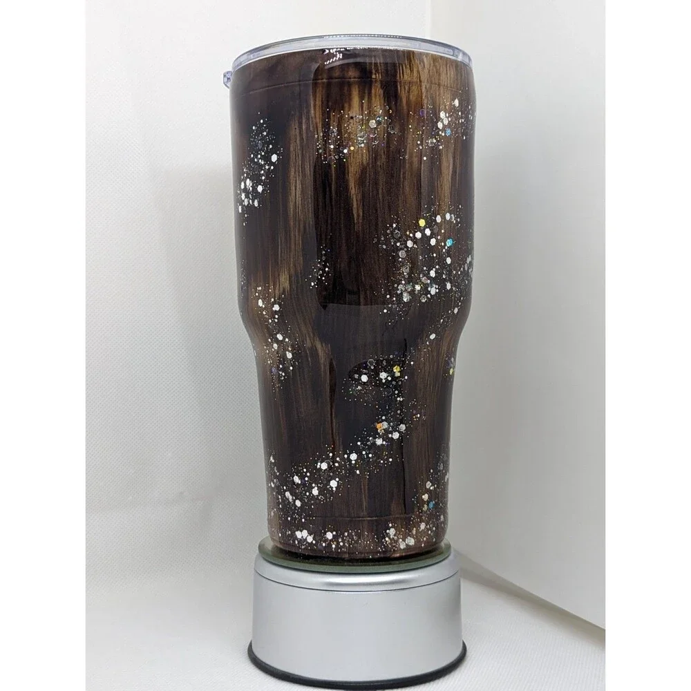 Handpainted Woodgrain Resin Tumbler - Dark Brown & Silver Glitter,  30oz, New